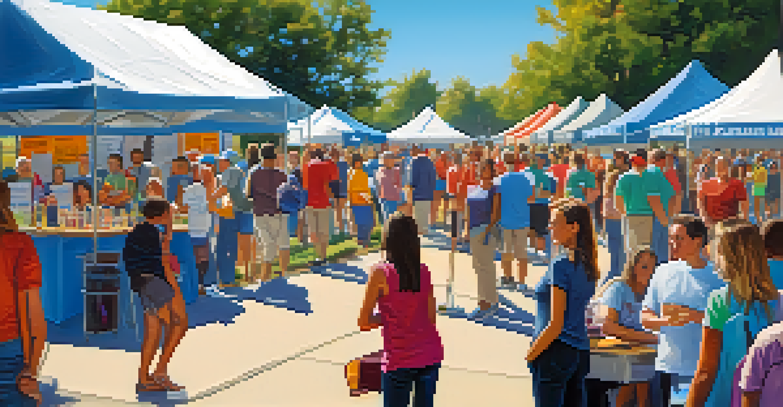 An outdoor community event promoting mental health and addiction awareness, with people engaging in conversations and colorful informational booths.