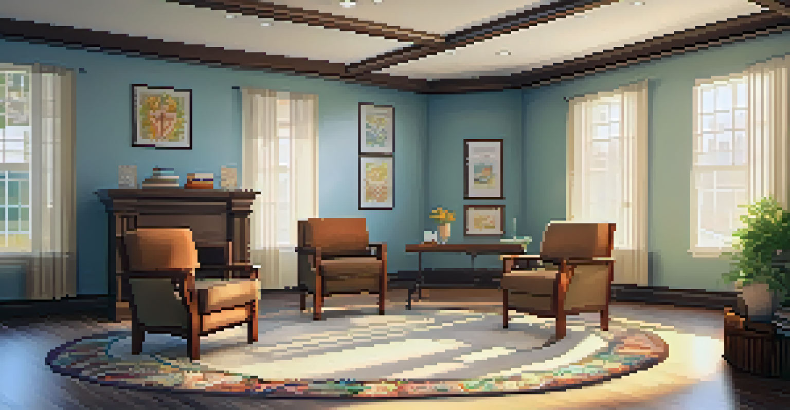 A cozy counseling room with comfortable chairs arranged in a circle, a table with spiritual books and a candle in the center, and inspirational quotes on the walls.
