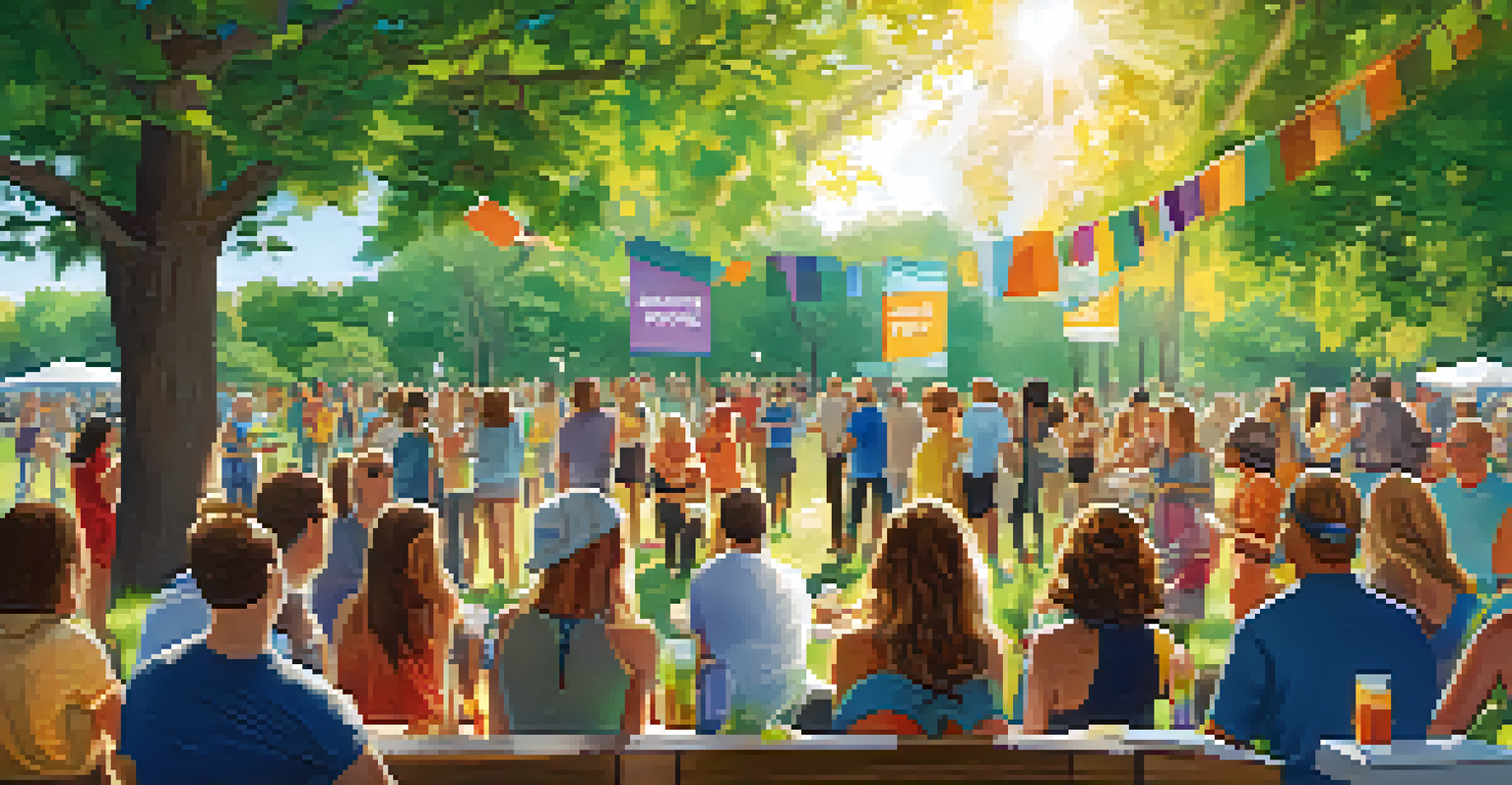 A community event in a park promoting addiction recovery with a colorful banner and people interacting.