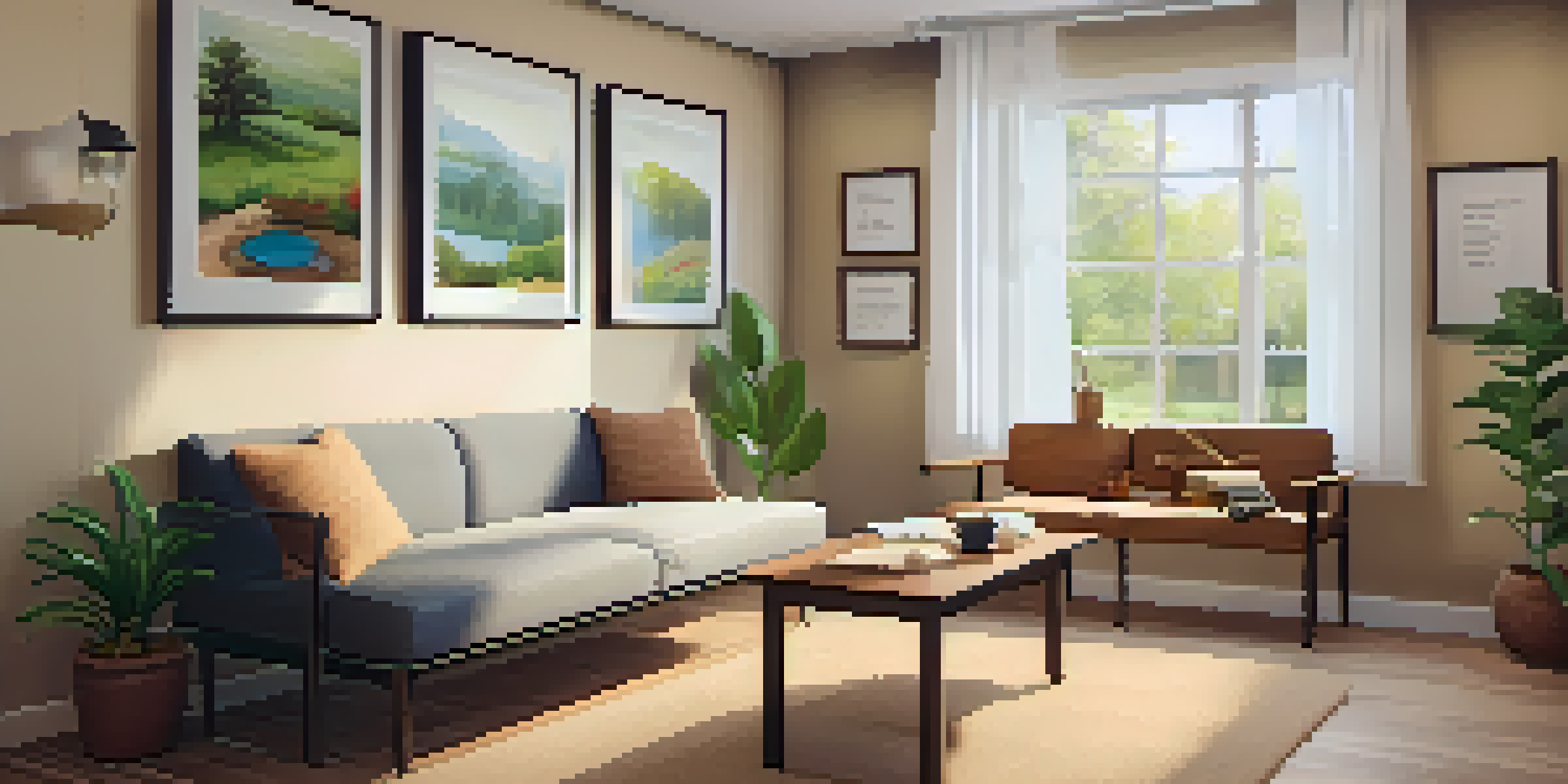 A cozy therapy room designed for family discussions, featuring a couch, plants, and calming artwork.