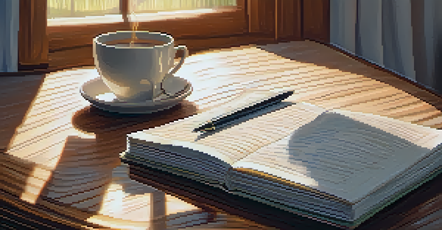 A close-up of a hand holding a cup of tea beside an open journal and pen on a wooden table, with soft morning light illuminating the scene.