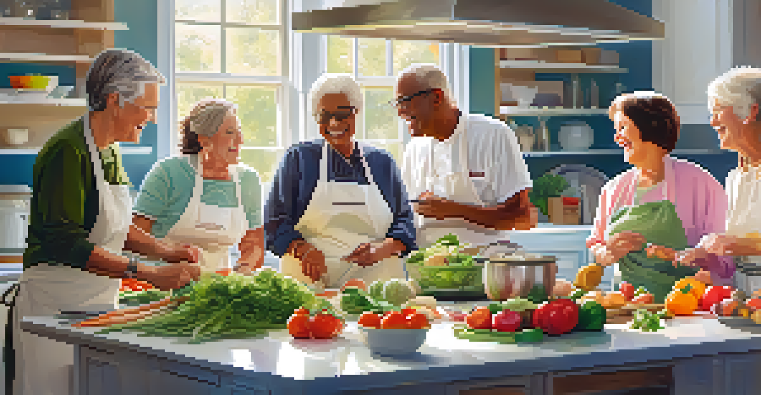 Elderly individuals joyfully participating in a cooking class, surrounded by fresh vegetables and a bright kitchen environment.