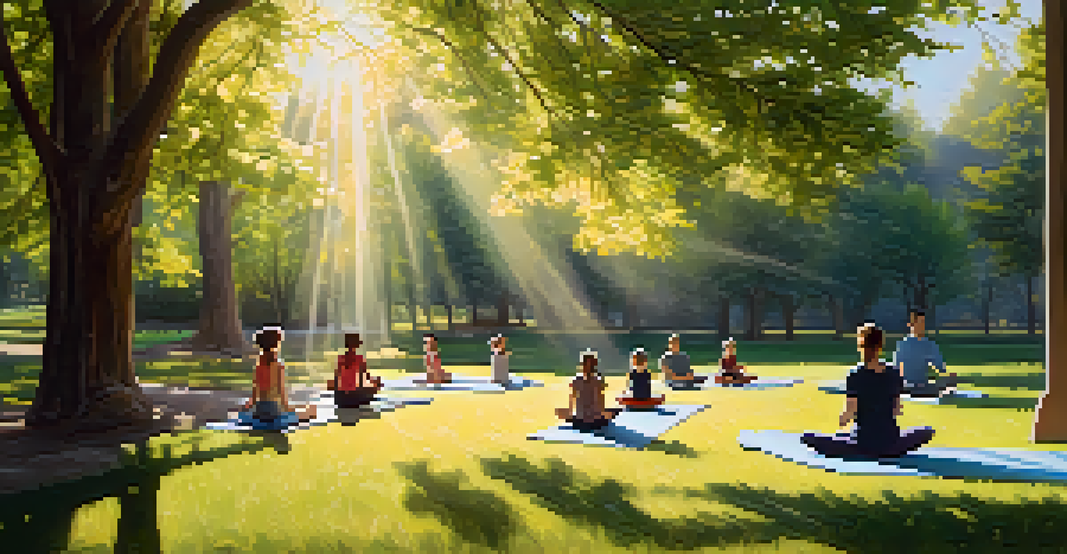 A family practicing yoga in a peaceful park, surrounded by nature and sunlight.