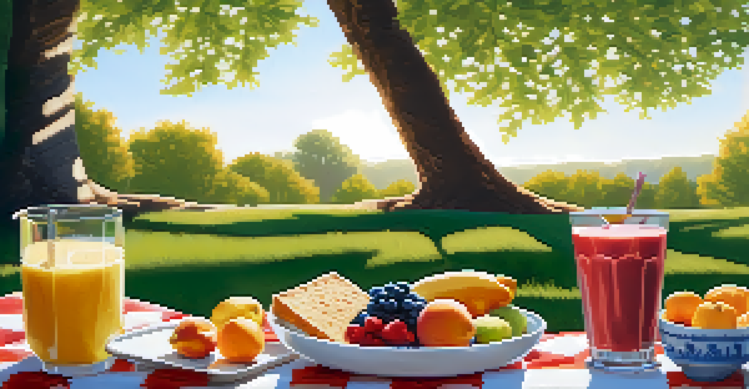 A picnic setup with healthy snacks and drinks on a blanket in a tranquil outdoor setting under sunlight.
