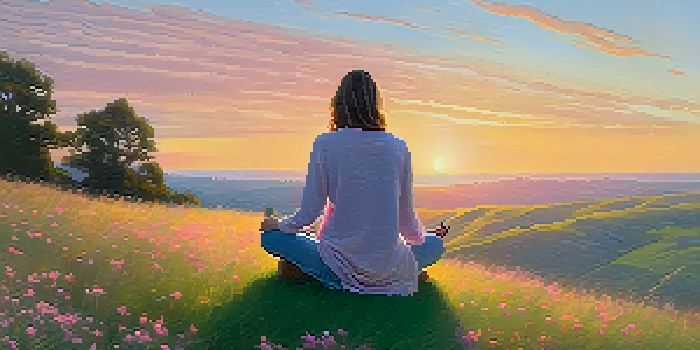 A person meditating on a hilltop at sunrise, surrounded by wildflowers and a colorful sky.