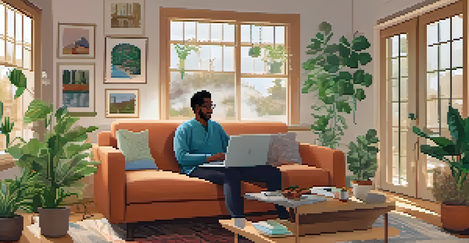 A patient sitting at home in a cozy living room, engaged in a telehealth video call with a healthcare provider on a laptop.