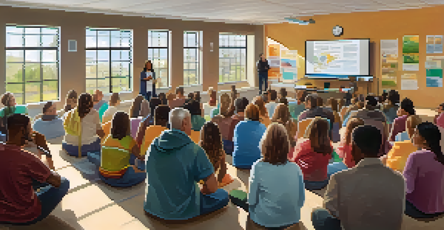 An educational workshop focusing on addiction awareness, with a speaker and an engaged audience in a well-lit community center.