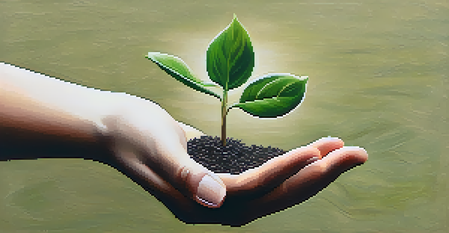A close-up of a hand holding a small green plant against an earthy background, symbolizing growth and recovery.
