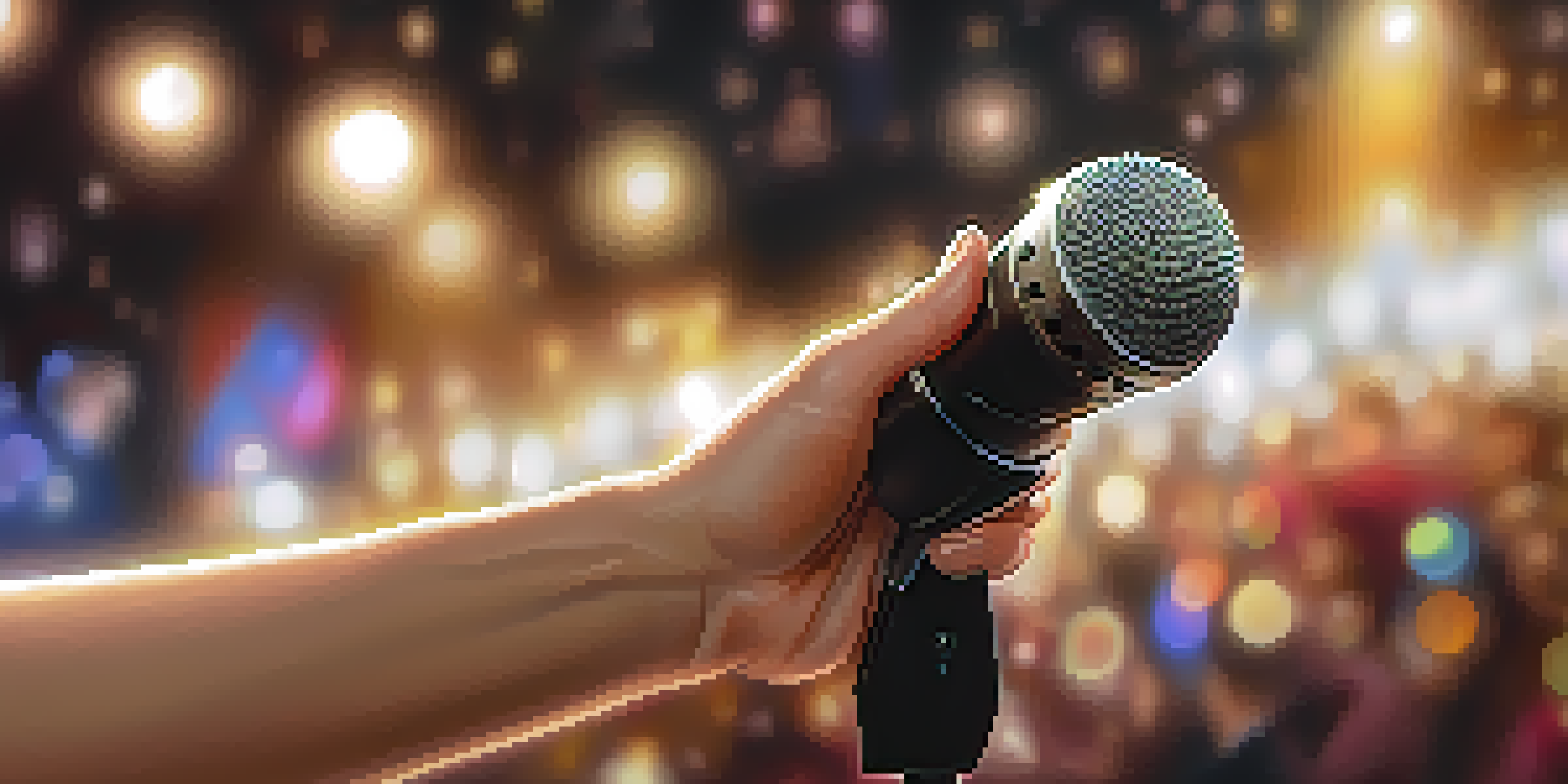 A celebrity's hand holding a microphone, illuminated softly with a blurred audience in the background.
