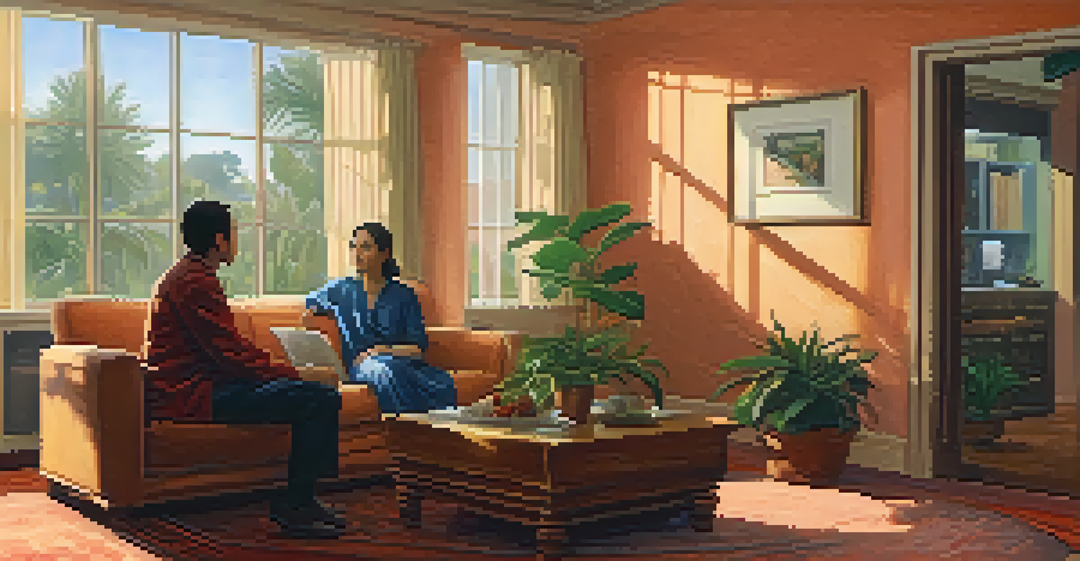 A counselor and a resident in a cozy indoor setting having a supportive one-on-one conversation in transitional housing.