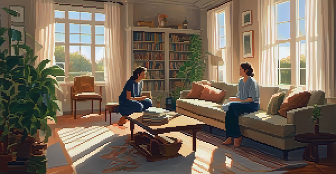 A couple having a serious conversation in a warm, inviting living room filled with sunlight and greenery.