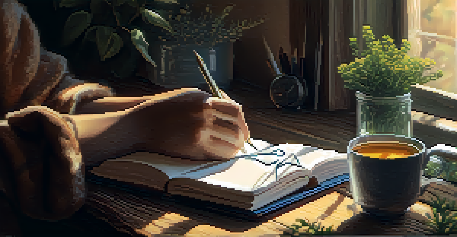 A close-up of hands writing in a journal on a wooden table, with a cup of tea and a candle nearby.
