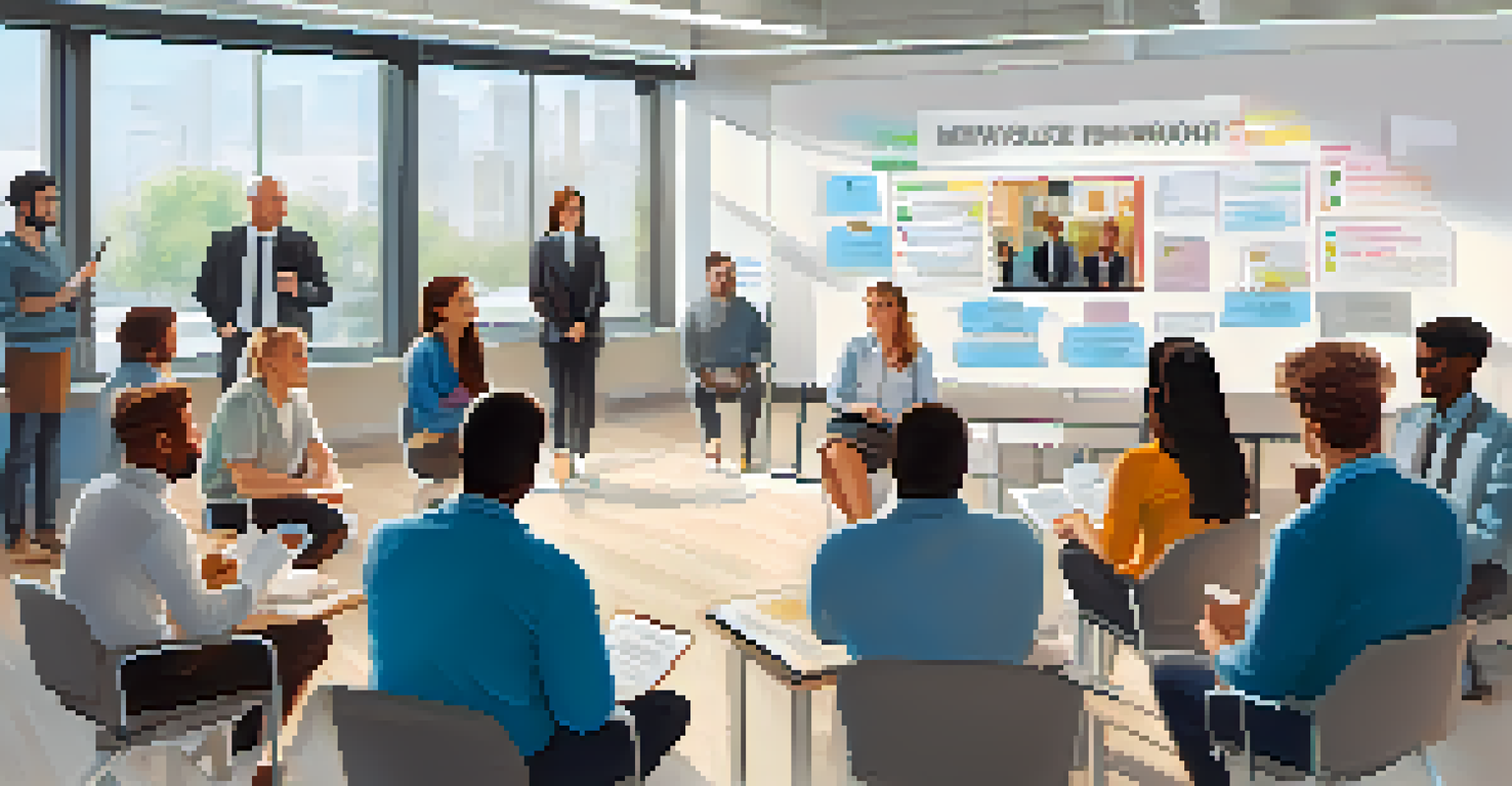 An open meeting in an office where employees discuss mental health awareness, showing a supportive workplace culture.