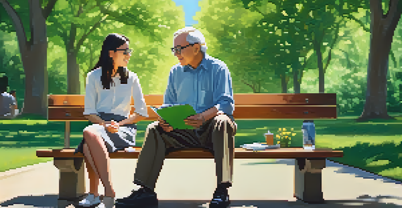 A mentor and mentee sitting on a bench in a park, surrounded by nature, engaged in discussion.