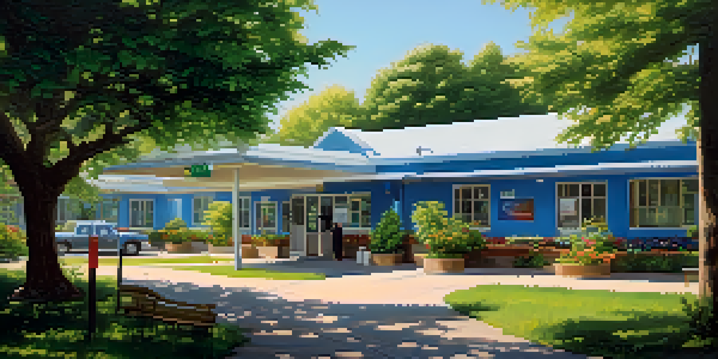 A community health clinic surrounded by greenery, with diverse individuals and healthcare workers, showcasing hope and accessibility in addiction treatment.