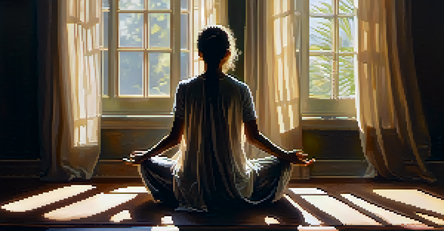 A person meditating with a peaceful expression in a sunlit room, with candles in the background.