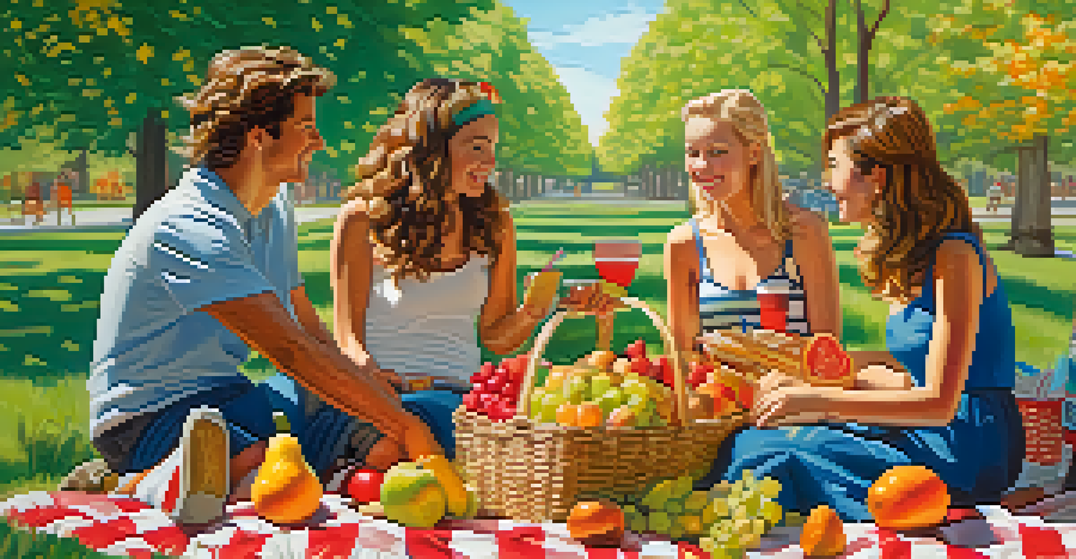 A group of friends having a picnic in a sunny park with food and drinks.