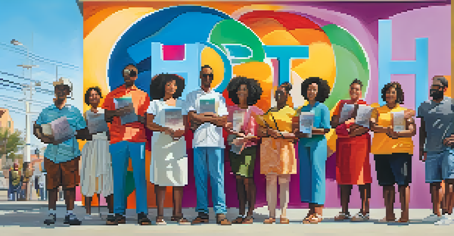 A diverse group of people holding signs that say 'Hope' in different languages in front of a colorful mural.