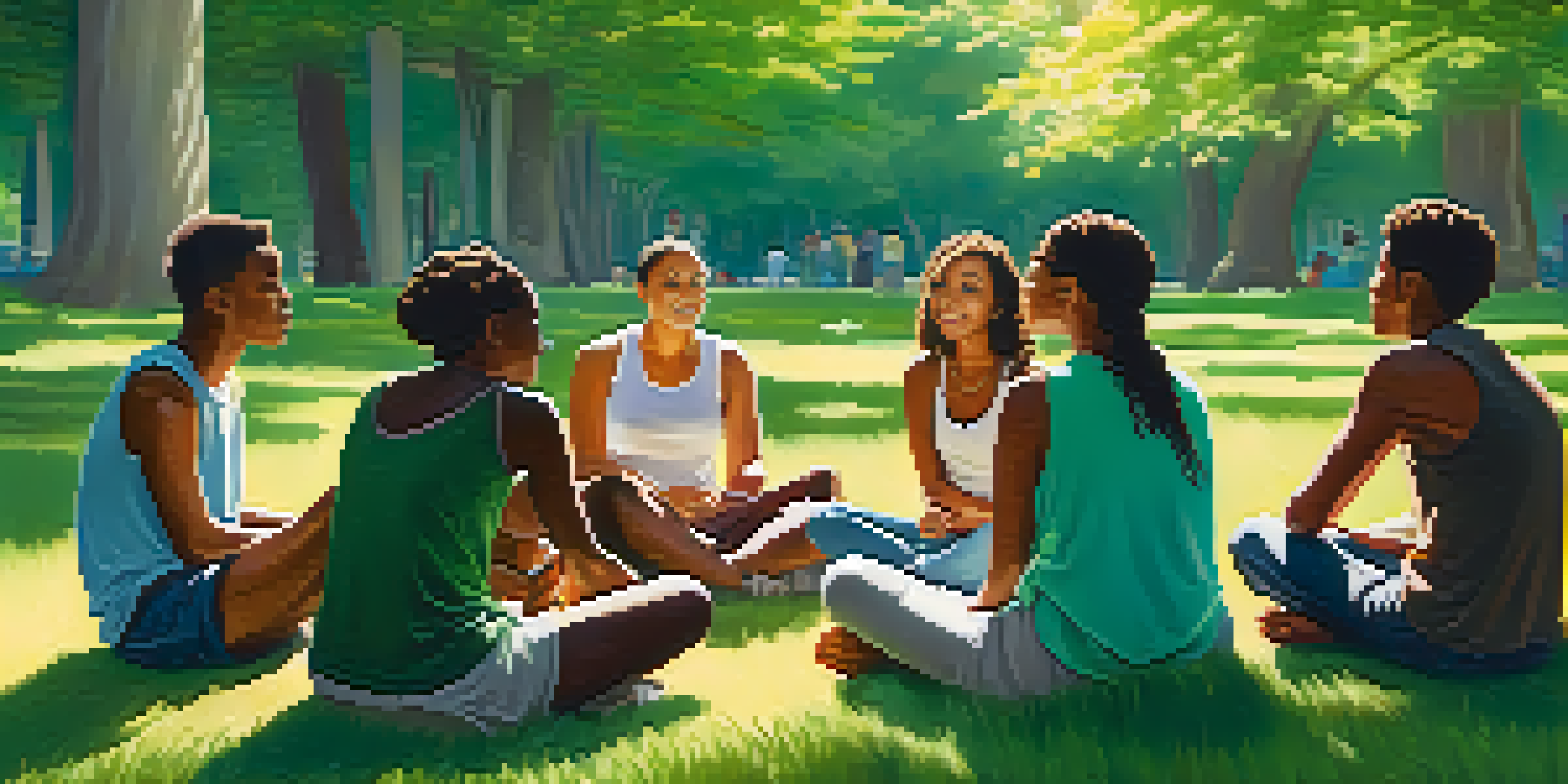 A diverse group of individuals sitting in a circle in a park, sharing stories in a warm and supportive atmosphere.