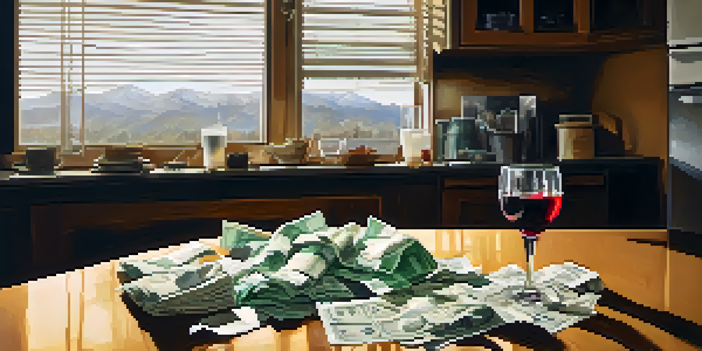 A person holding a crumpled receipt and a glass of wine at a cluttered kitchen table, with bills and empty bottles around, depicting the financial impact of addiction.