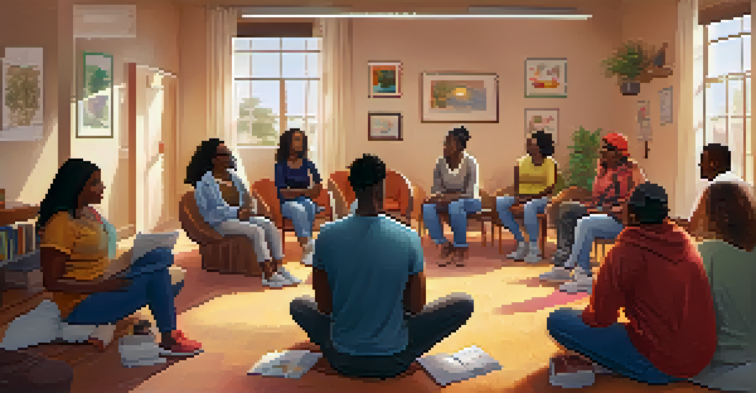 An inviting community center with a group therapy session, where diverse individuals share their experiences in a supportive environment.