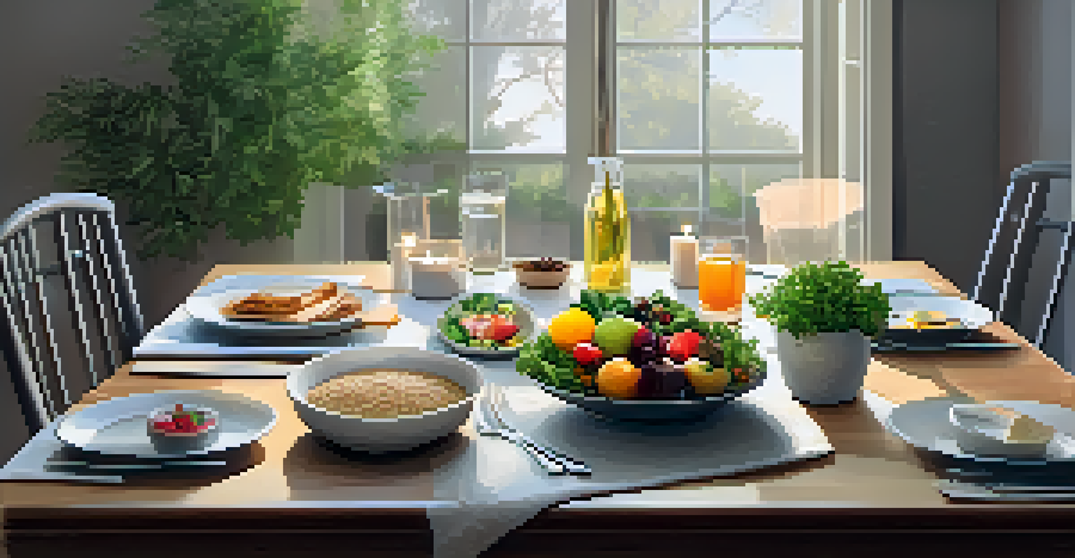 A peaceful dining table set with nutritious dishes and infused water, surrounded by soft candlelight.