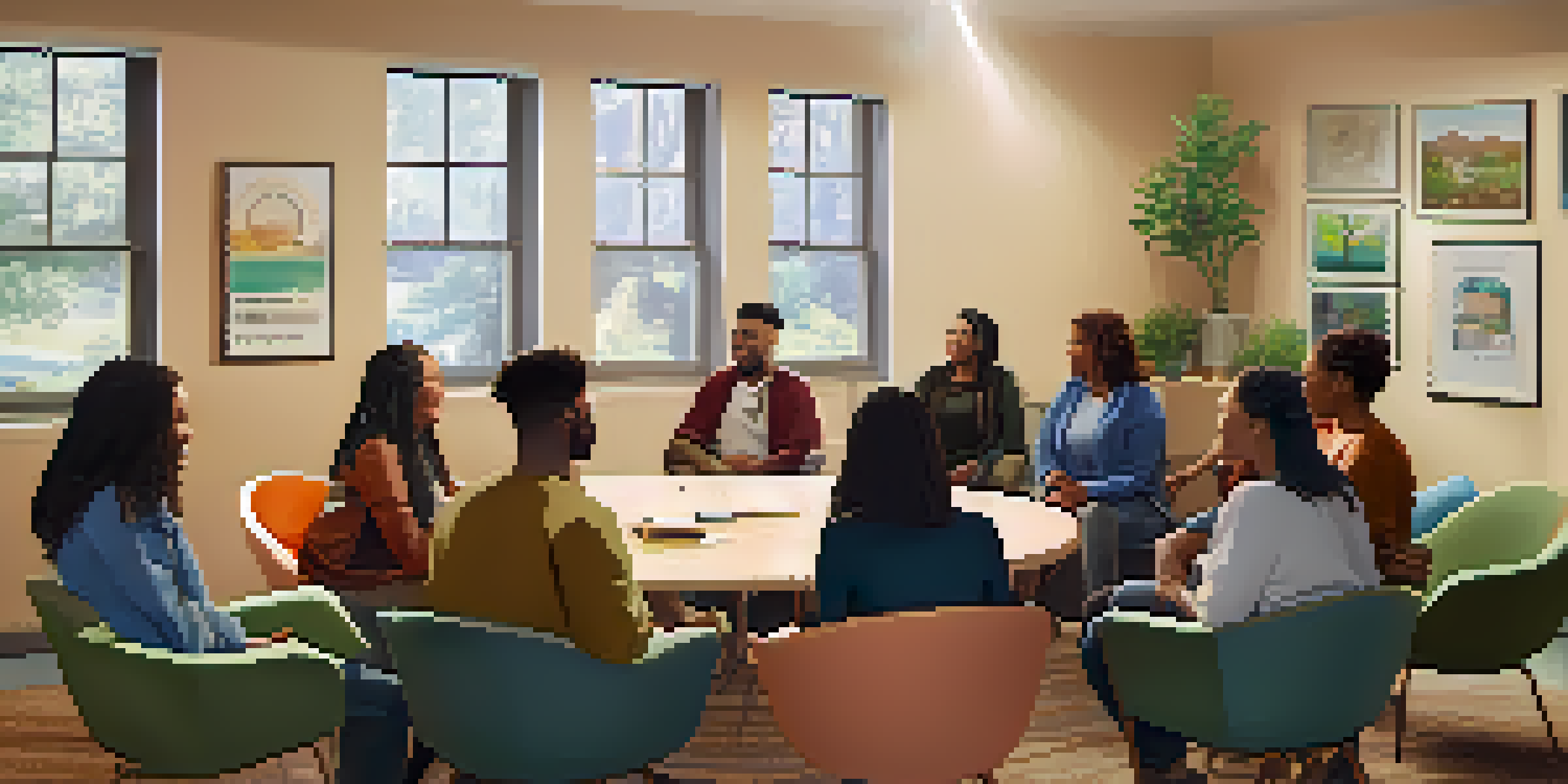 A diverse group of individuals sitting in a circle during a support meeting, displaying expressions of empathy and understanding in a warm, inviting room.