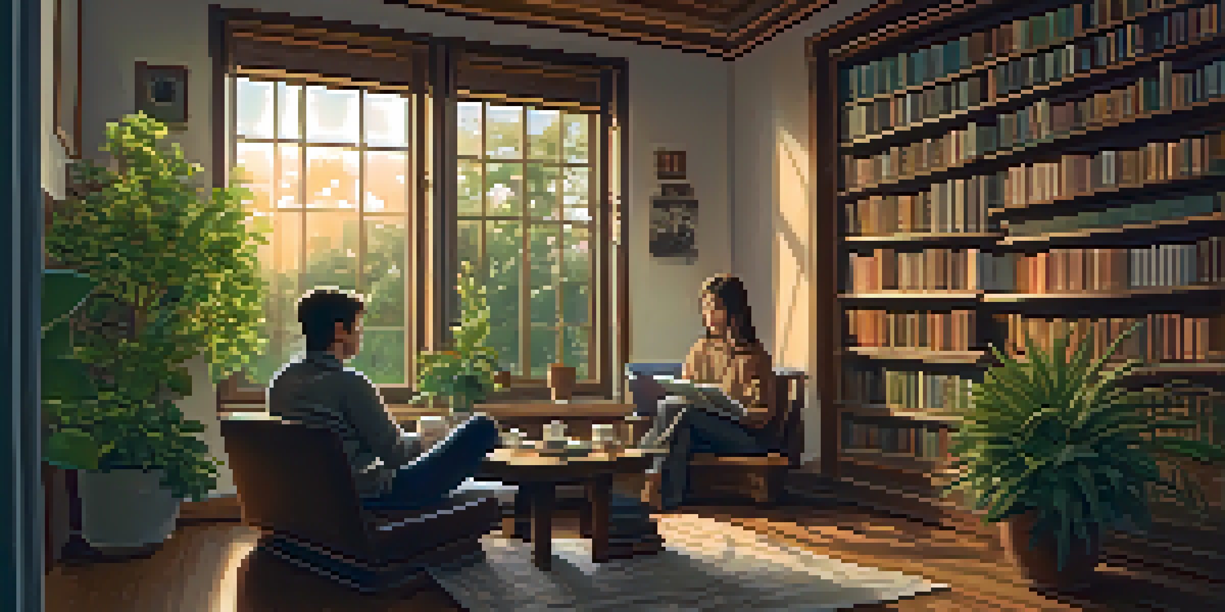 Two people in a cozy room, one listening attentively while the other shares their feelings, surrounded by a warm and inviting atmosphere.