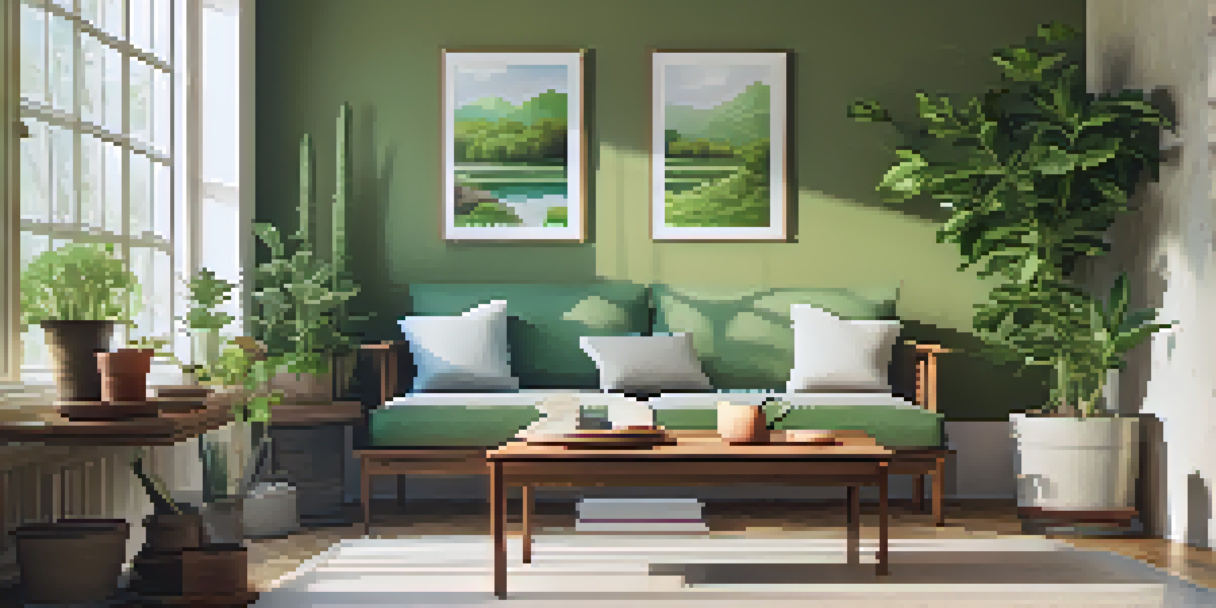 A therapy room with natural light, a comfortable couch, calming nature artwork on the walls, a cup of herbal tea, and a potted plant, creating a warm atmosphere for healing.