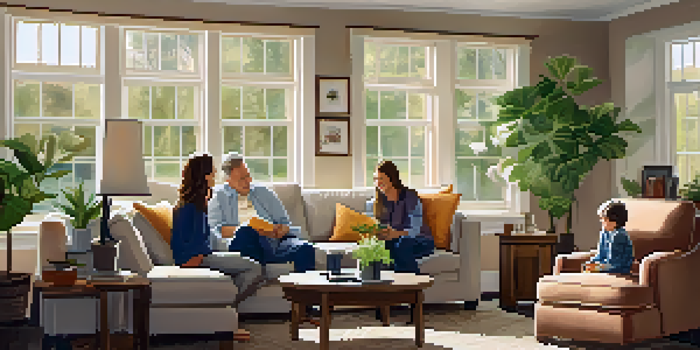A family of four in a cozy living room, sitting together on a sofa and having a heartfelt conversation in a warm atmosphere.