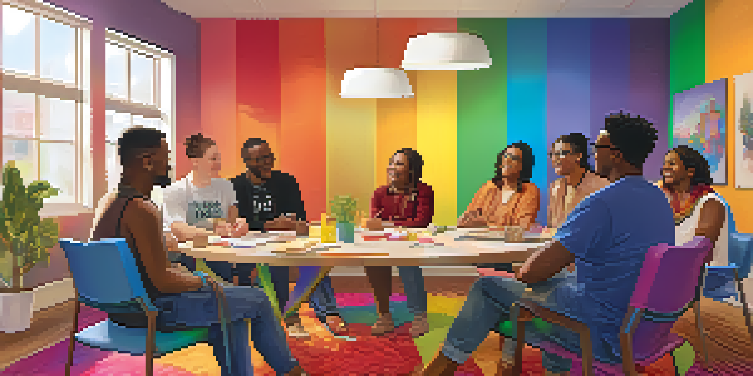 A diverse group of LGBTQ+ individuals in a supportive discussion, surrounded by rainbow decorations and cozy seating.