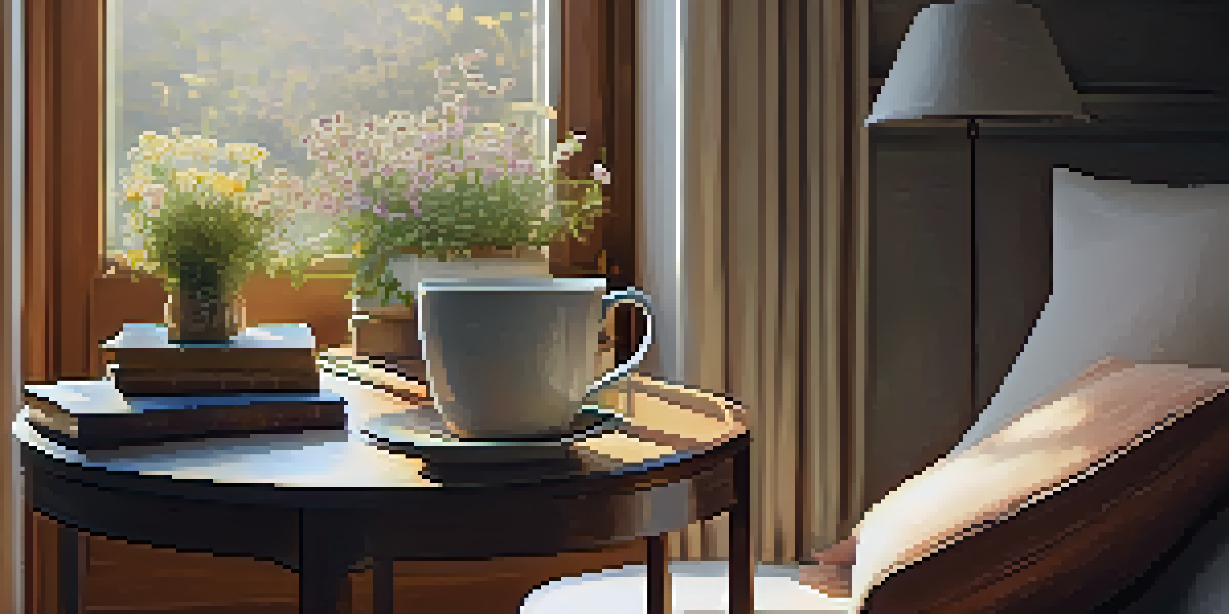 A sunlit room with a cozy armchair, soft pillows, and a small table with healing books and a cup of tea, creating a peaceful atmosphere.