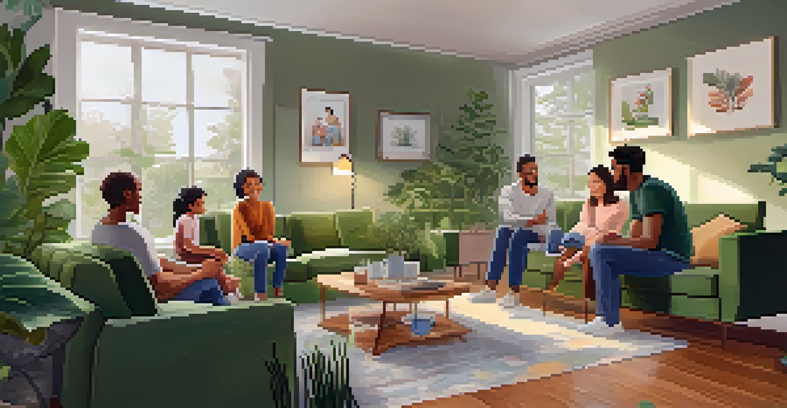A family workshop in a cozy living room where parents and children are discussing mental health, with visual aids on the table and a welcoming atmosphere.