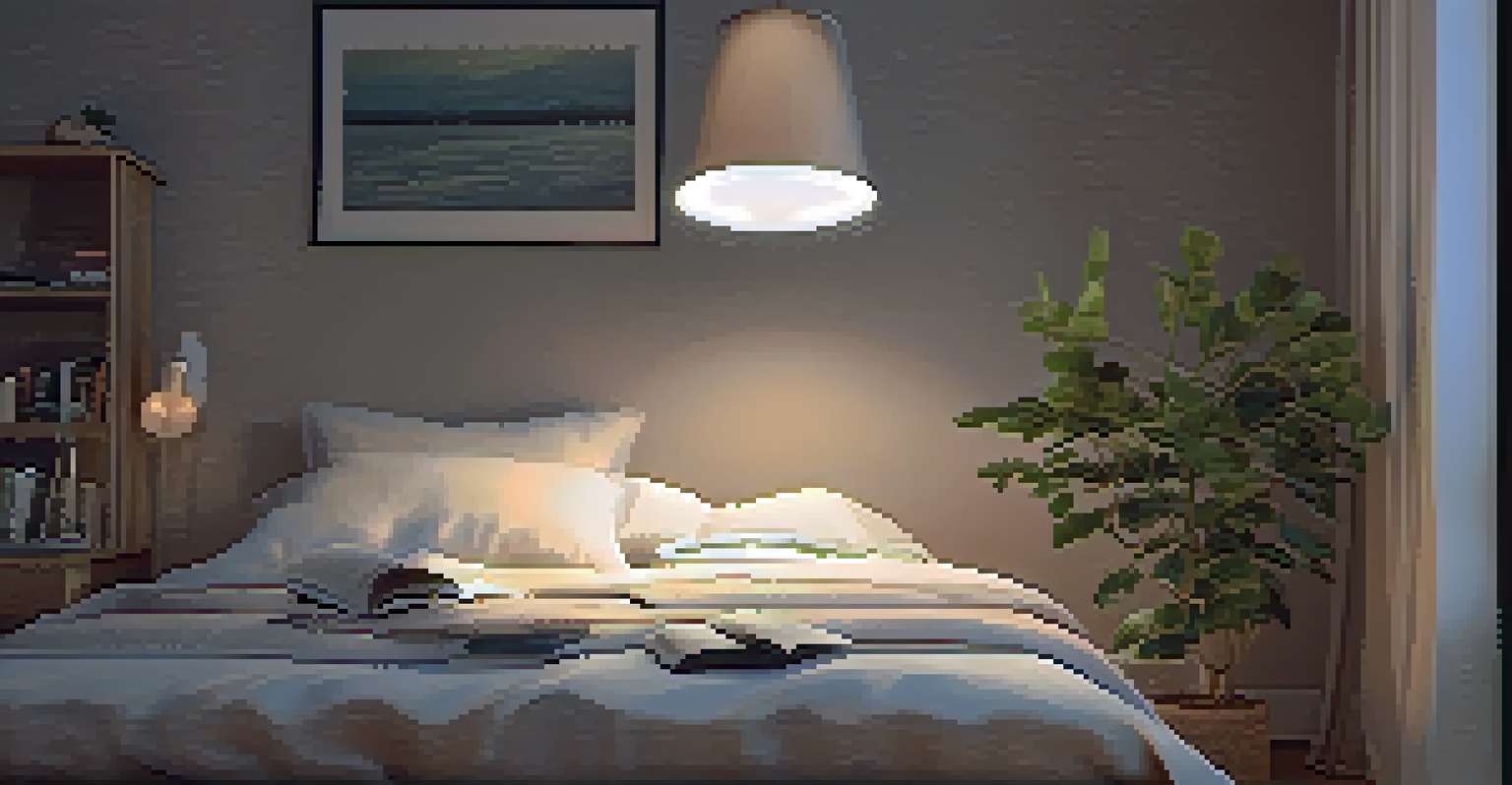 A person reading a book in bed, with a warm lamp light in a clutter-free, calming bedroom.