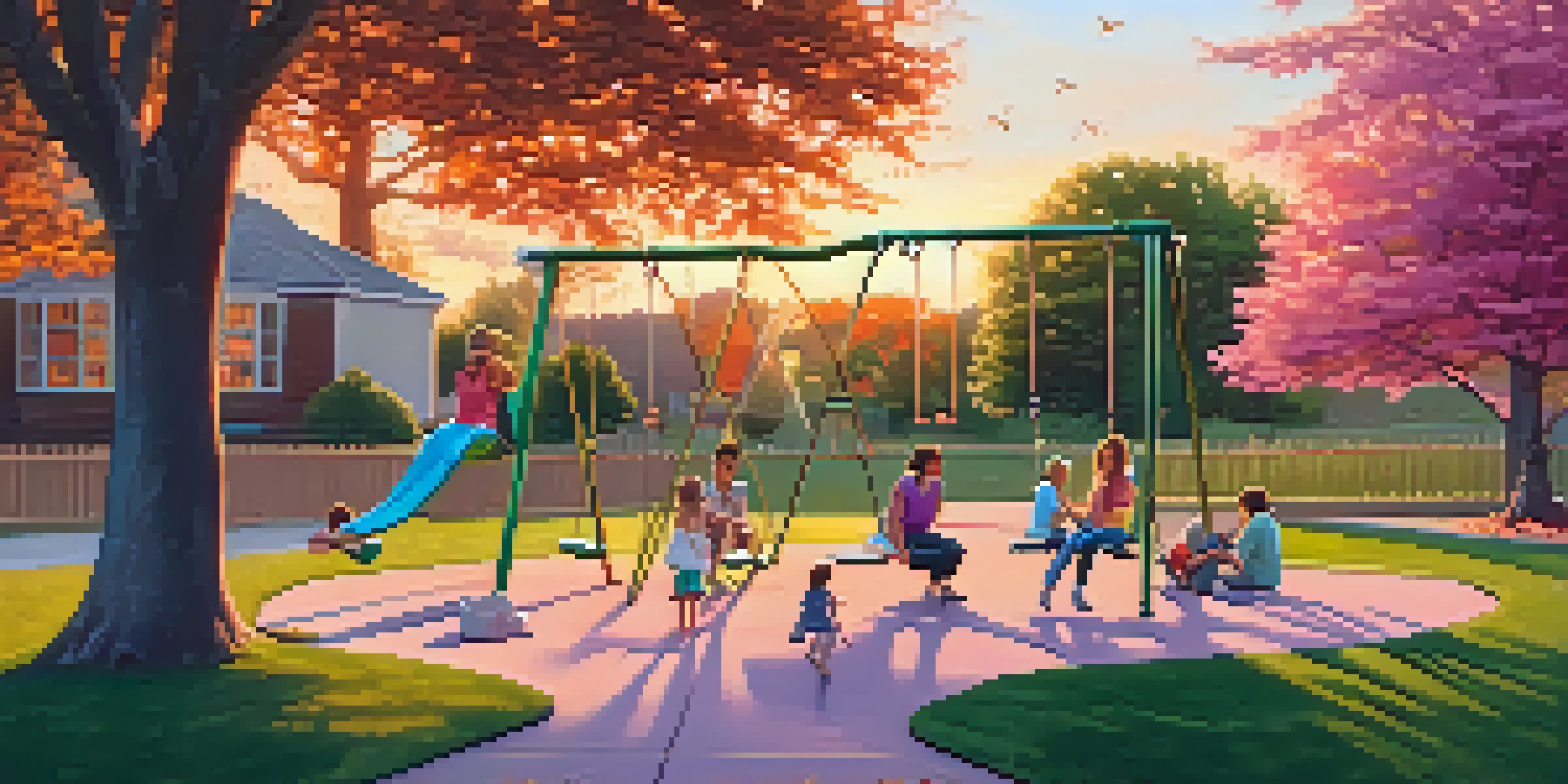 A neighborhood park at sunset with families enjoying picnics and children playing.