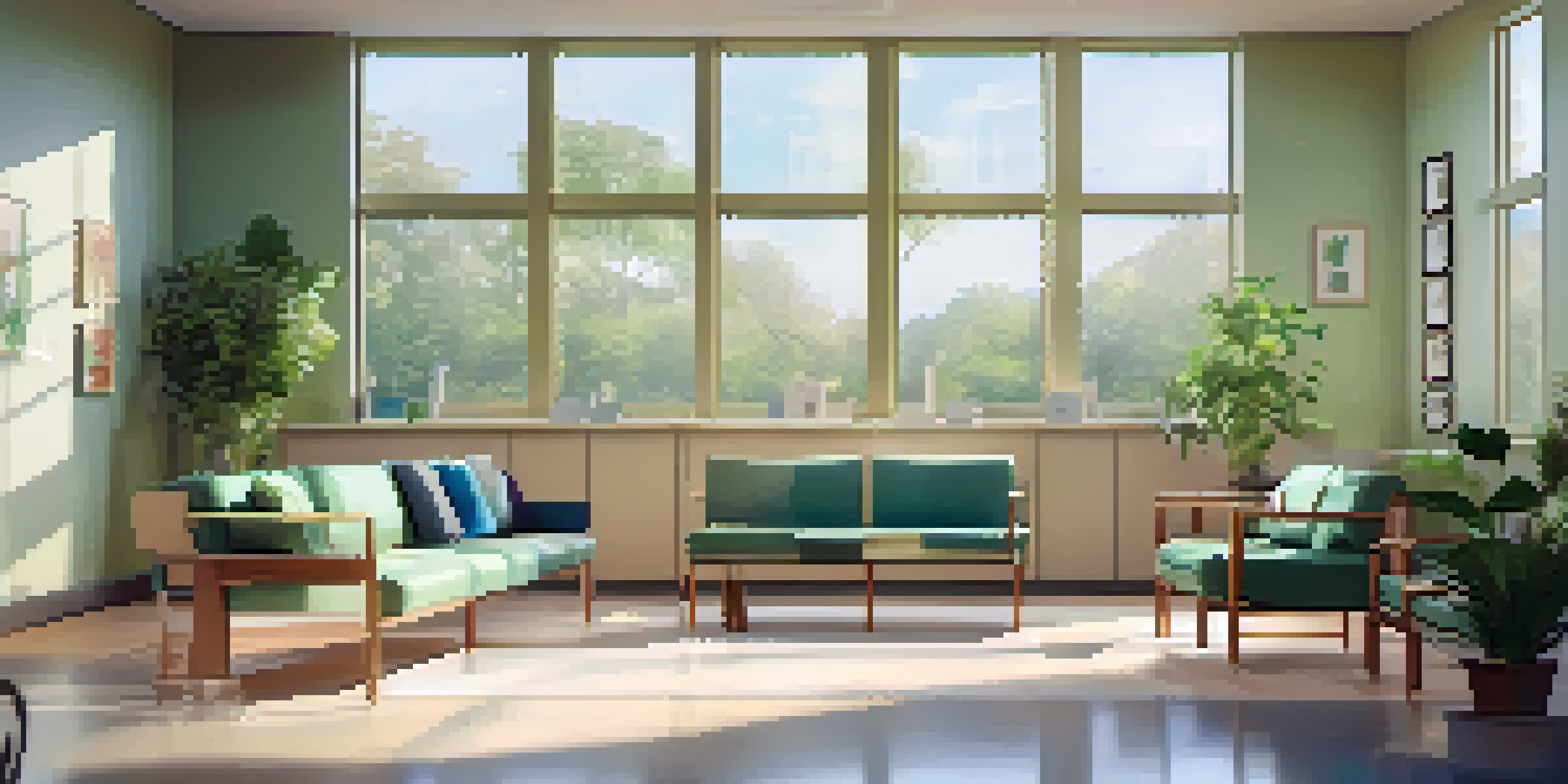 A bright and modern healthcare office with diverse patients and professionals discussing care plans amid plants and natural light.