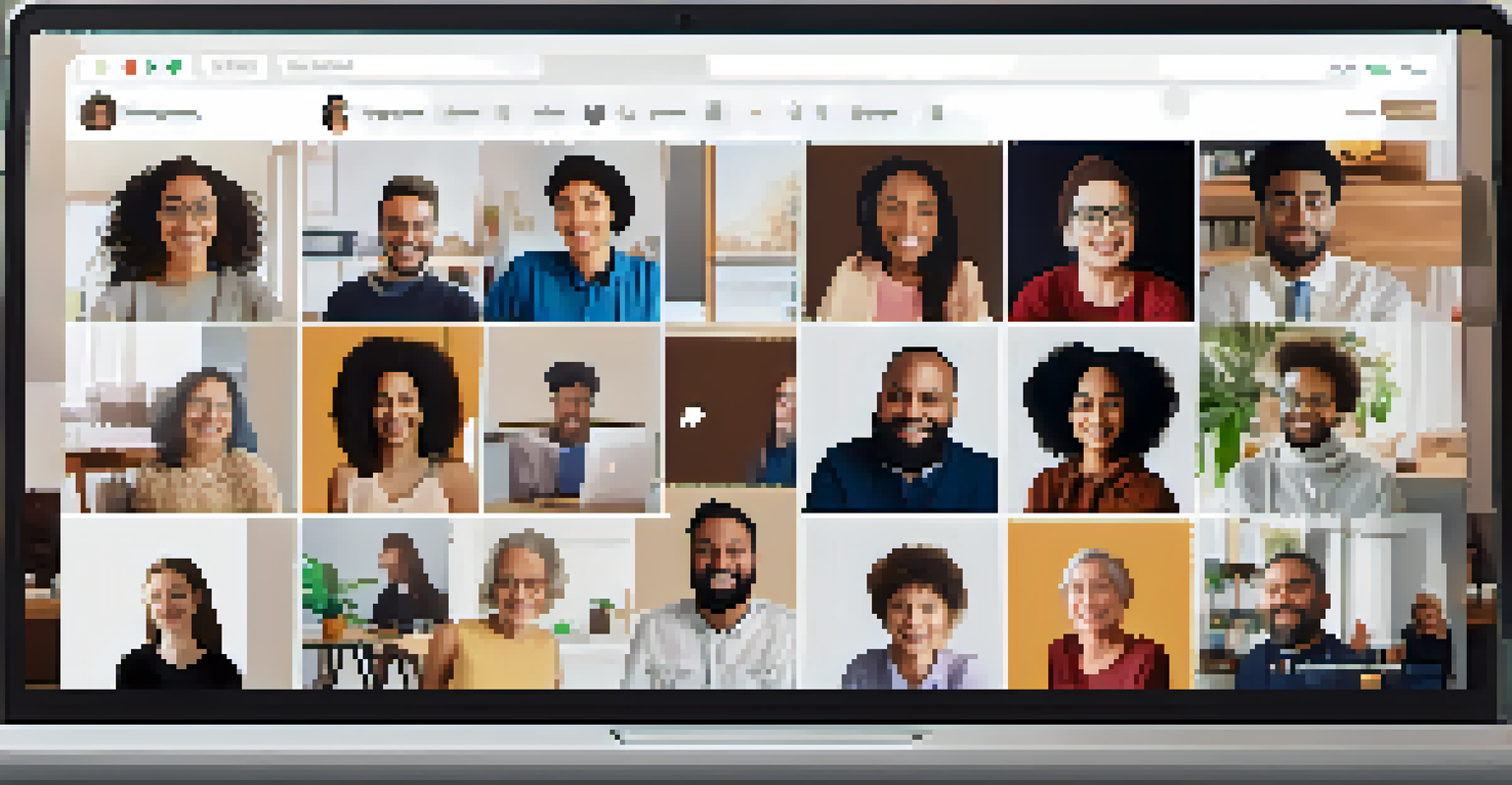A laptop screen displaying a virtual support group with diverse participants in their home environments, sharing smiles and support.