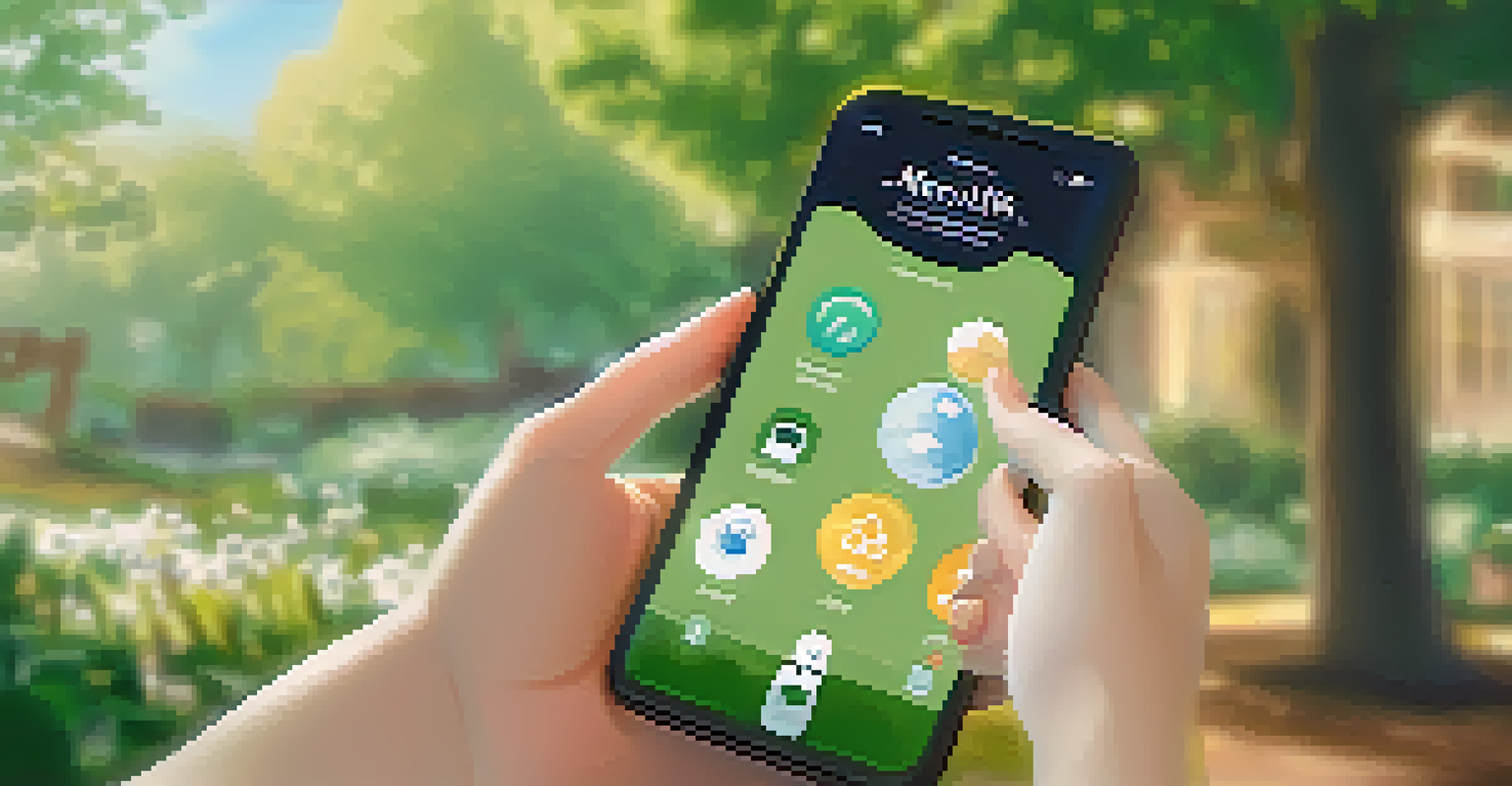 A close-up of a hand holding a smartphone with a mental health app, set against a peaceful outdoor background.