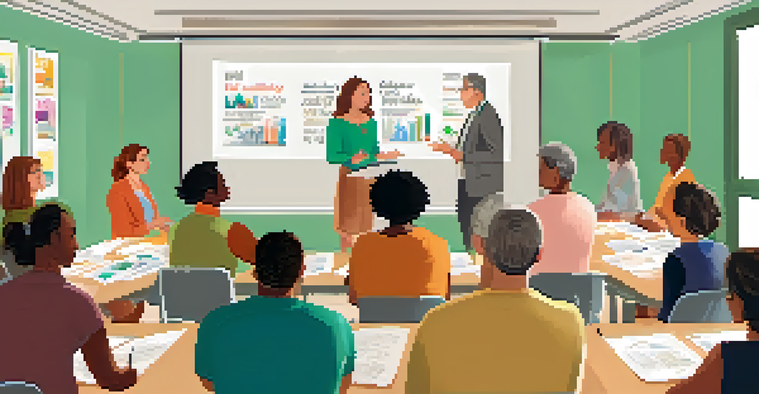 A diverse audience participating in an educational workshop about addiction recovery, with a speaker presenting strategies on a whiteboard.