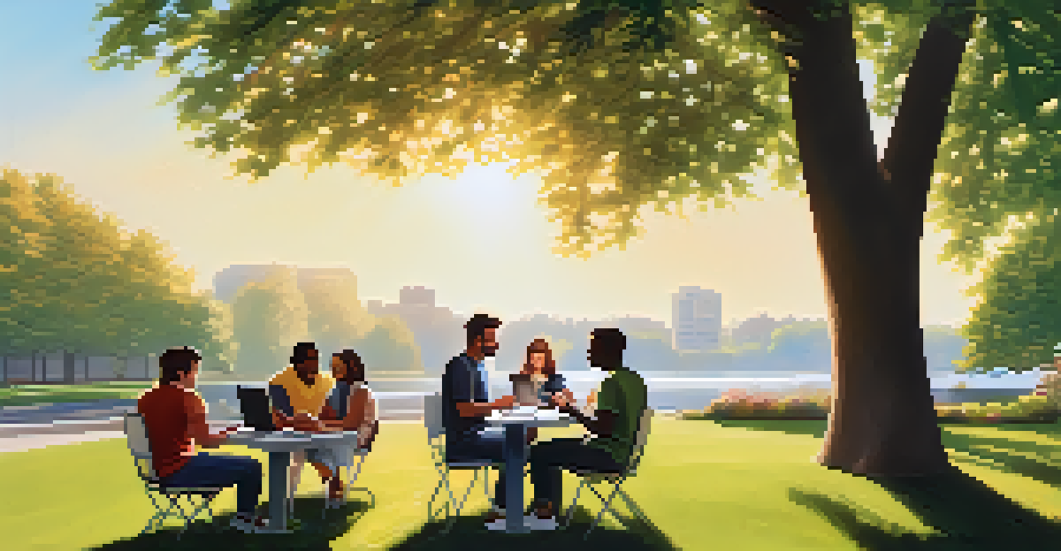 A diverse group of people sitting in a park, engaging in a virtual support group on their laptops, surrounded by nature.