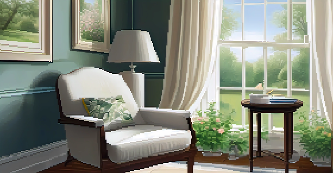A bright and tranquil room with an armchair, a cup of herbal tea, and a journal beside a window overlooking a garden.