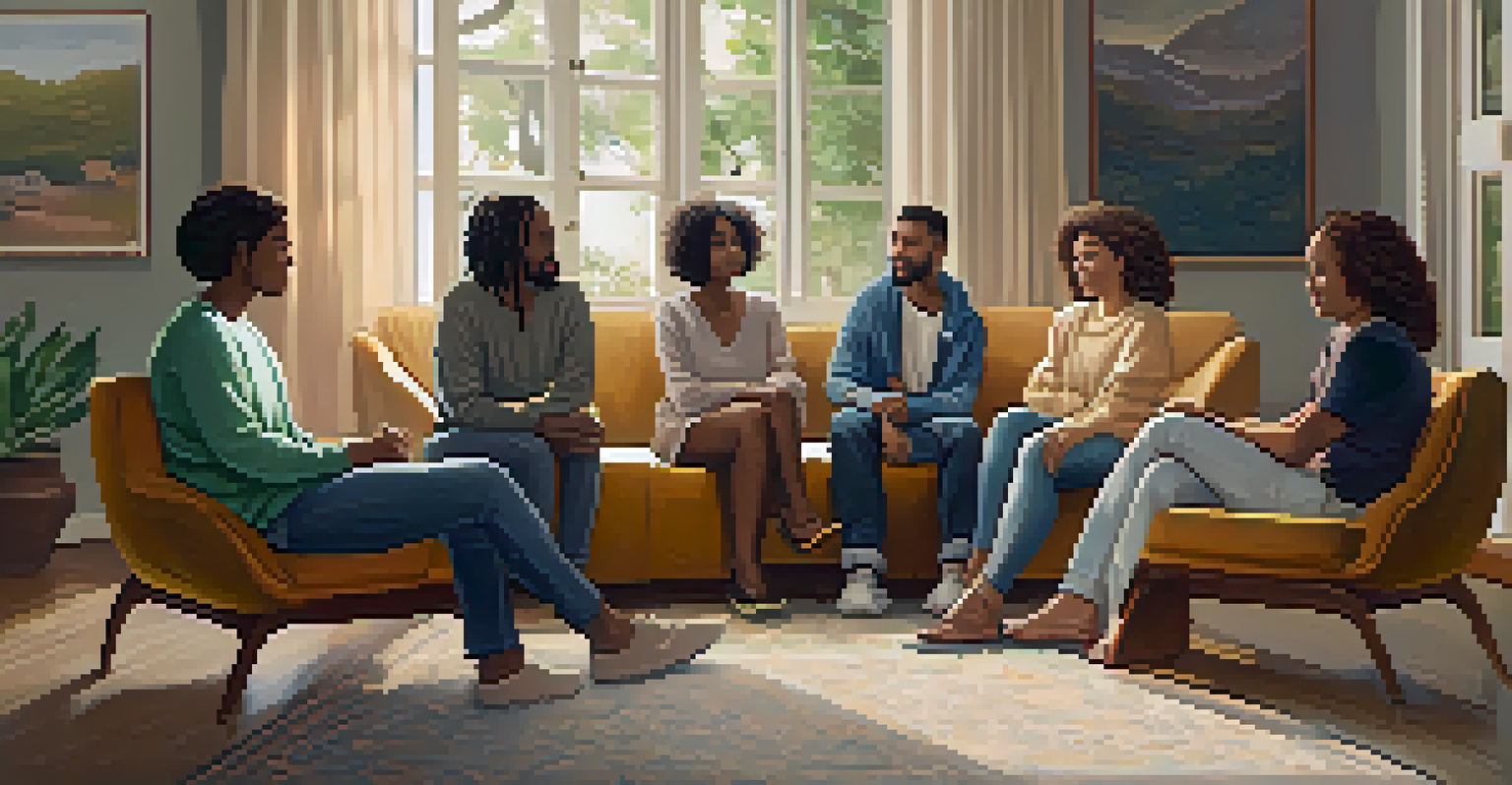 A group of diverse individuals sitting in a circle in a warmly lit room, sharing their experiences in a support group.
