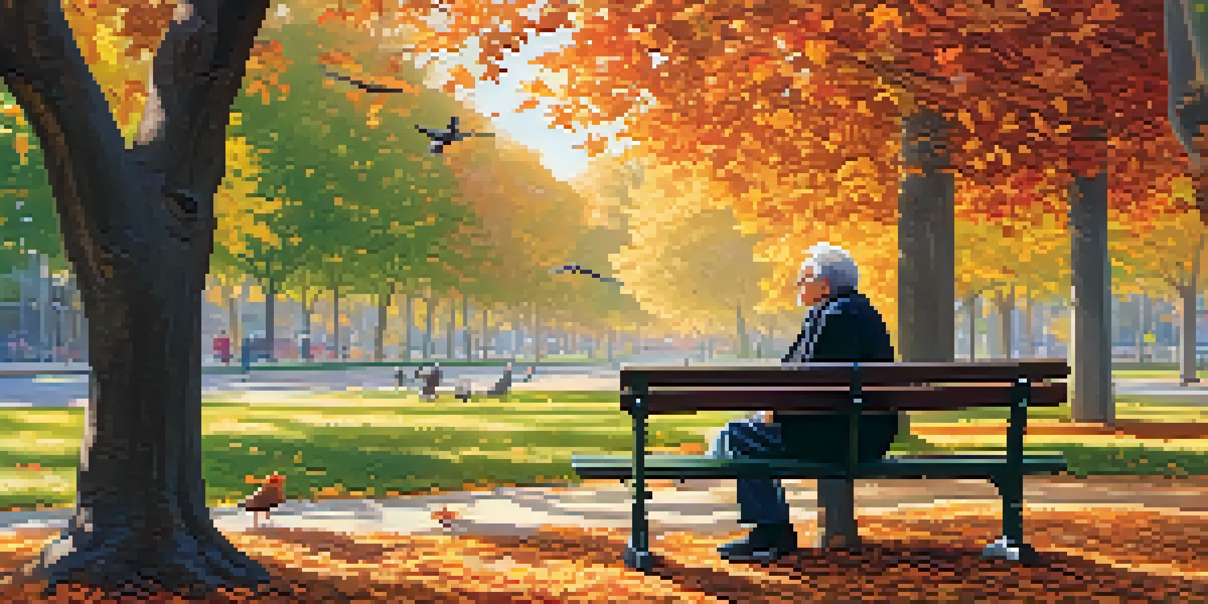An elderly man sitting on a park bench, feeding birds with autumn leaves around him and sunlight filtering through the trees.