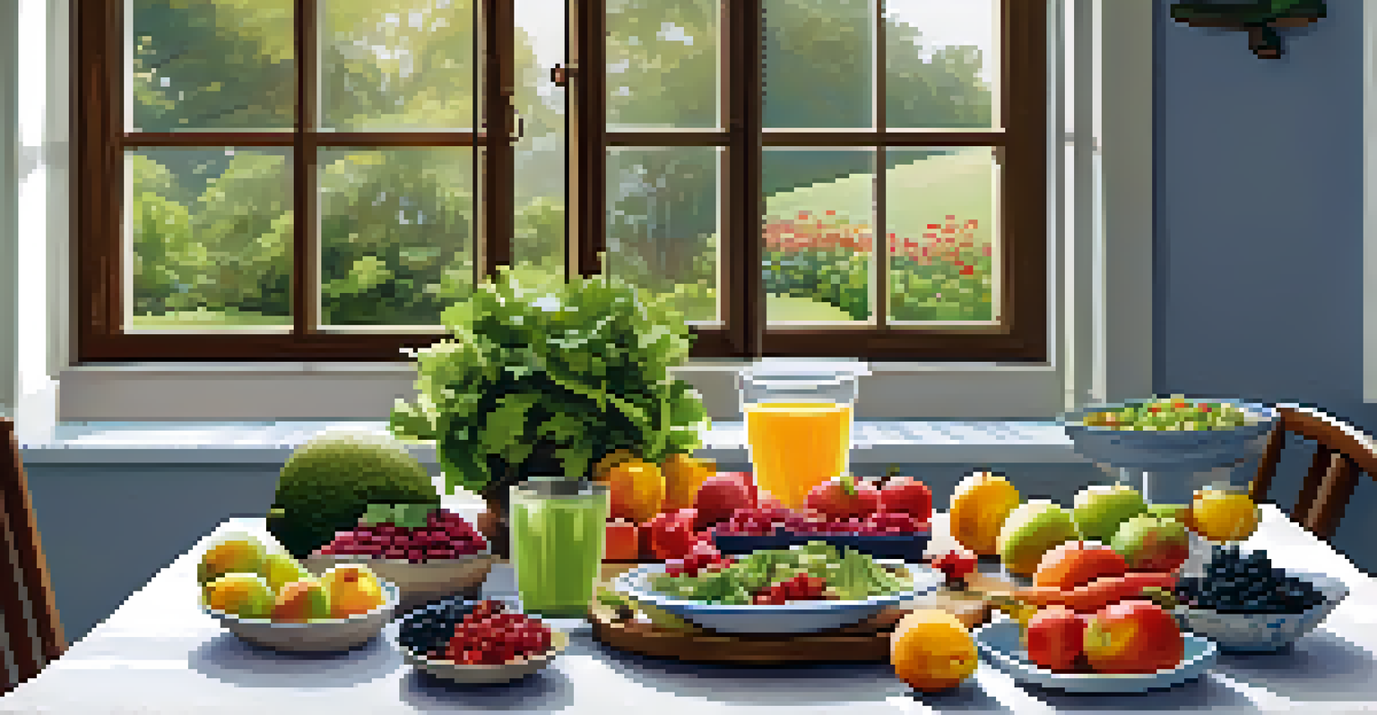 A kitchen table set with fresh fruits and vegetables, including a bowl of mixed berries and a sliced avocado, with a serene garden view through the window.