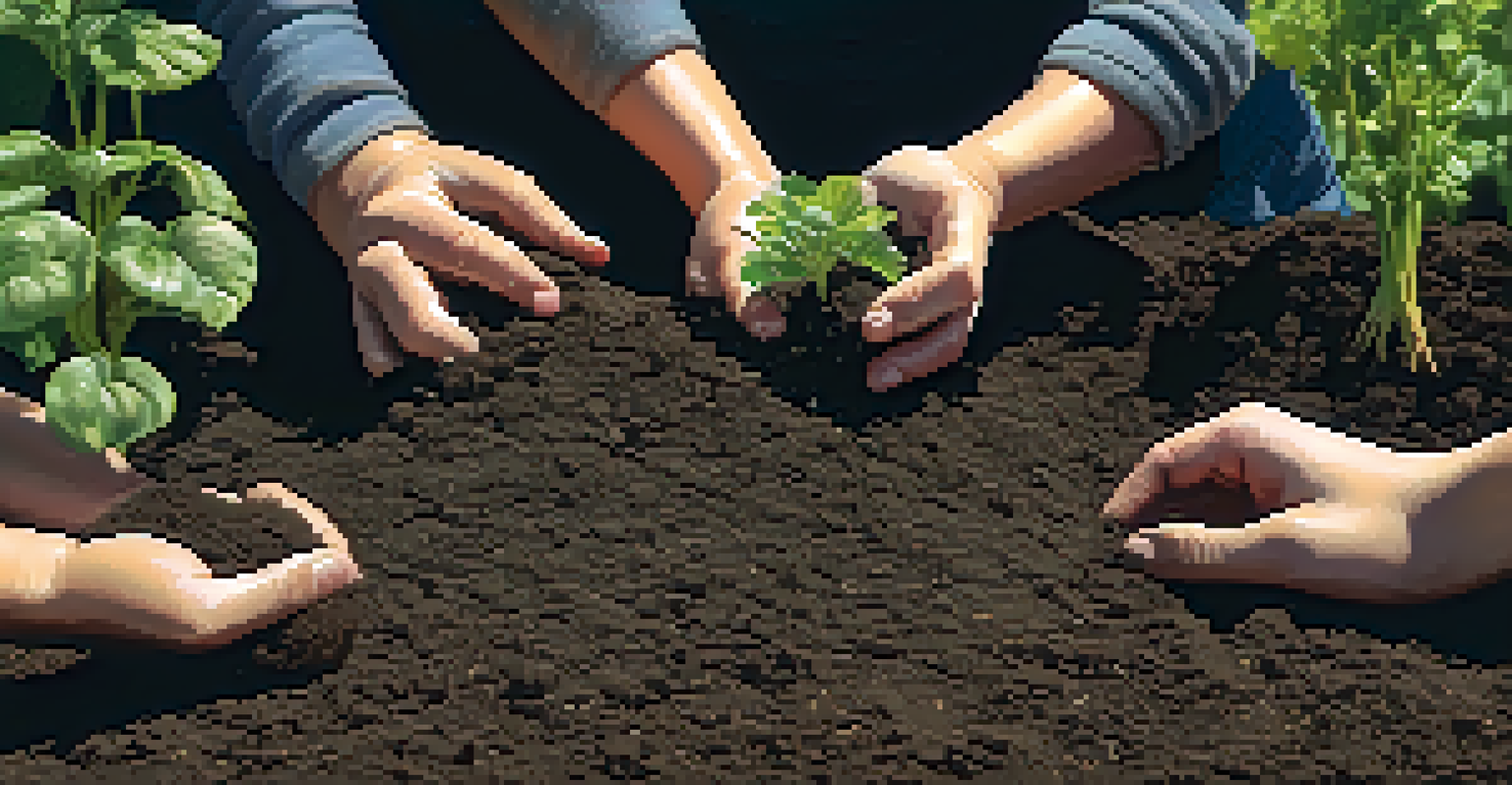 Close-up of hands planting seeds in soil in a vibrant community garden.