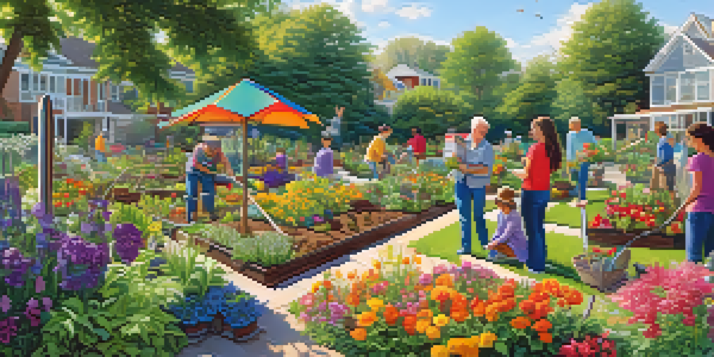 A diverse group of people working together in a community garden filled with colorful flowers under a bright sun.
