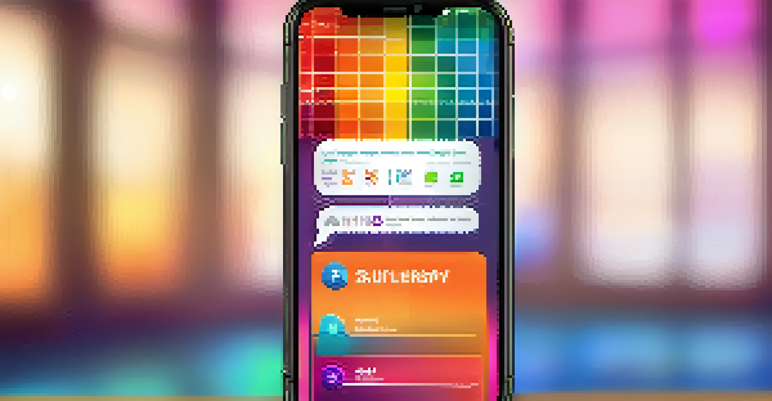 Close-up of a smartphone showing a colorful addiction recovery app interface with progress tracking and motivational quotes.