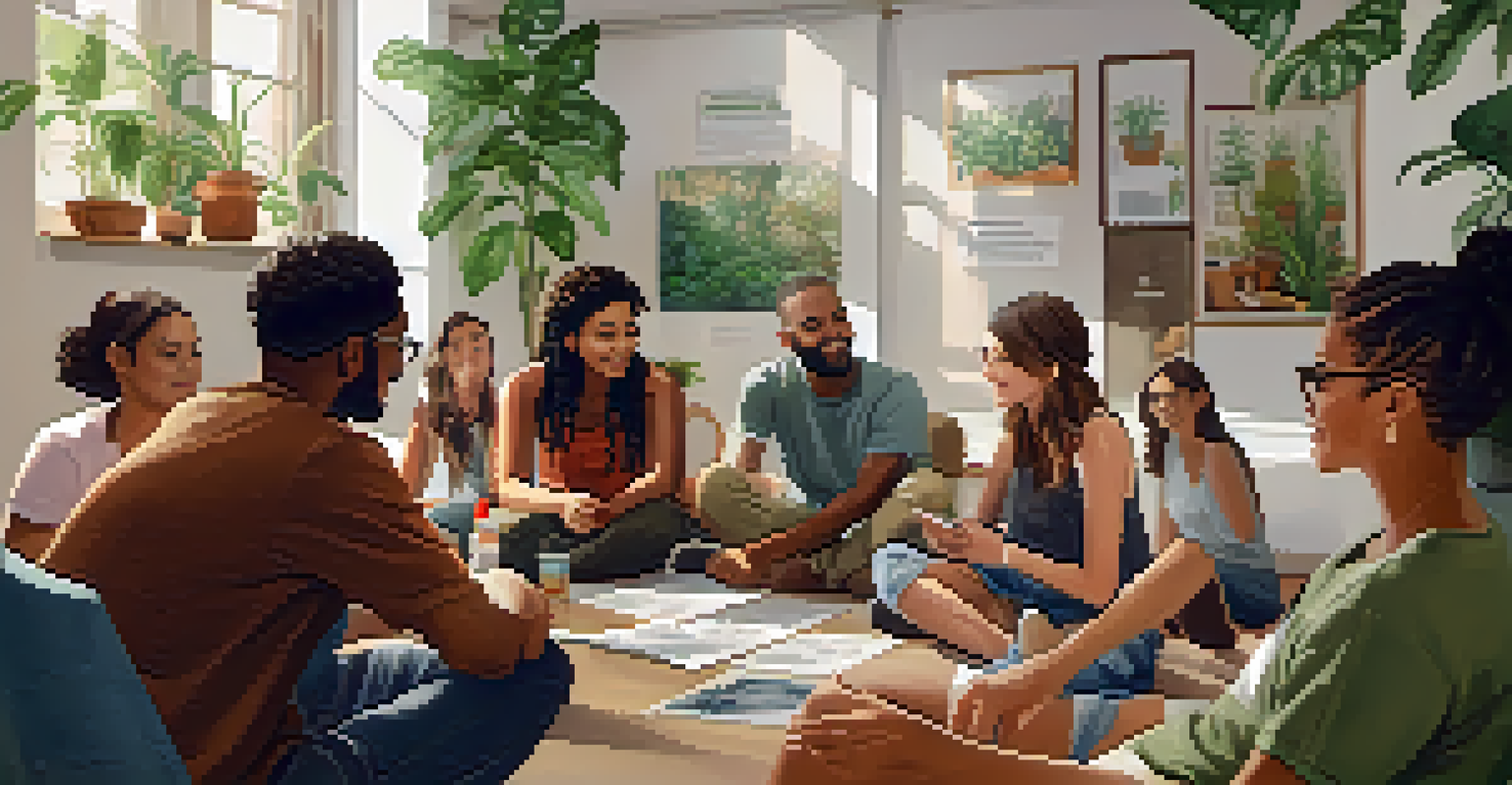A supportive group discussion with diverse individuals in a warm, inviting setting.