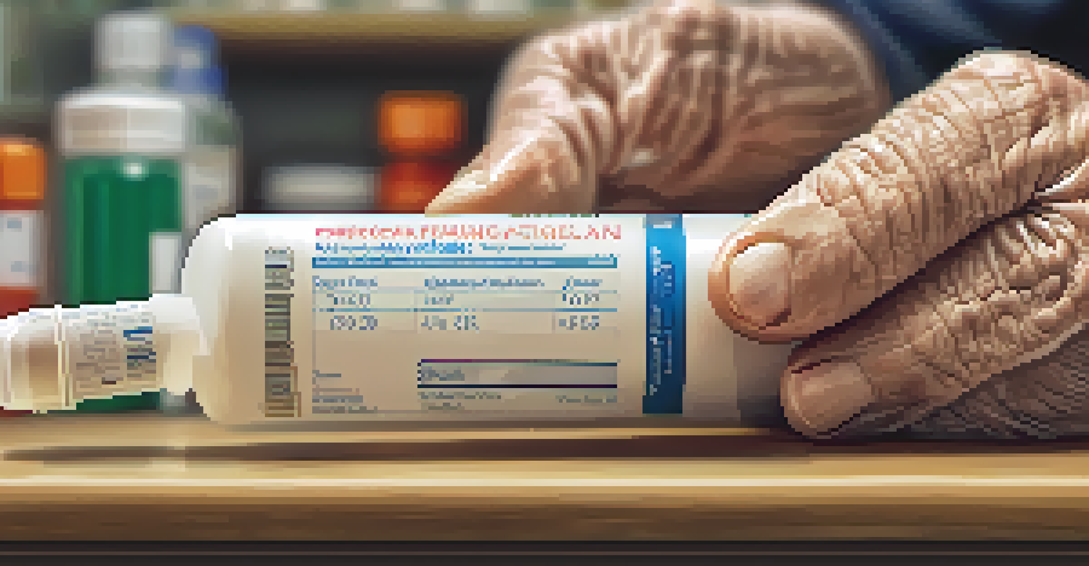An elderly hand holding a prescription bottle, with a cluttered kitchen table of medications in the background.