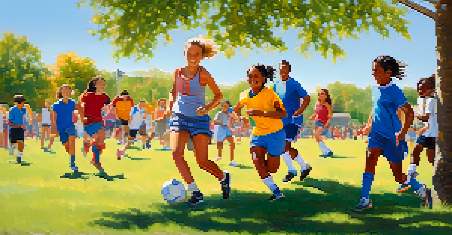 A group of friends playing soccer in a community sports event at a park, filled with joy and camaraderie under a clear blue sky.